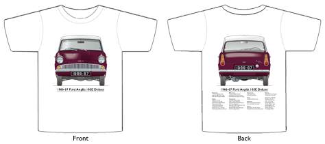 Ford Anglia 105E Deluxe 1966-67 T-shirt Front & Back